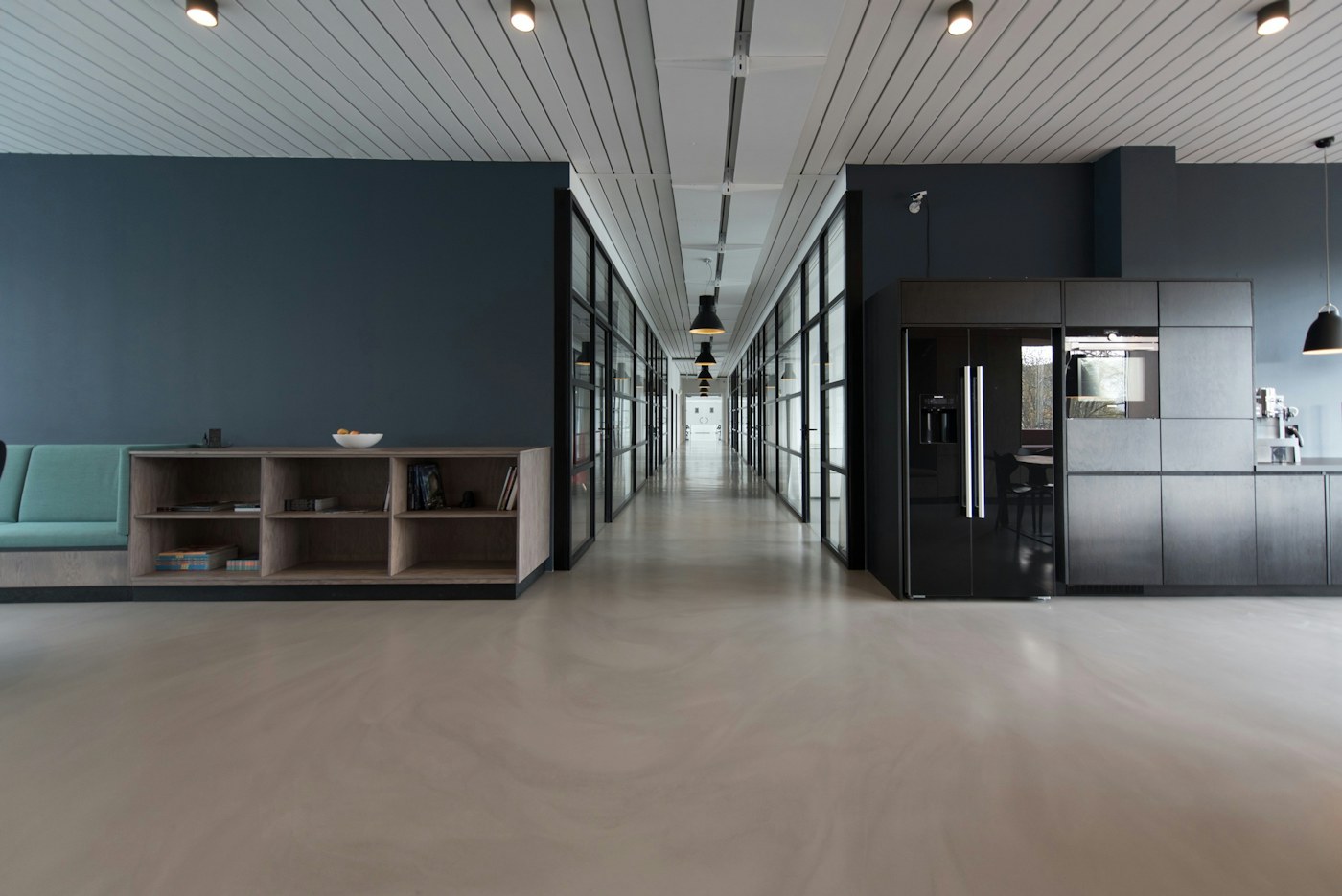 A quiet, light-filled office meeting space
